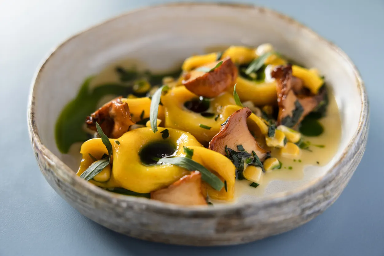 Tortellini with wild mushrooms and herb oil